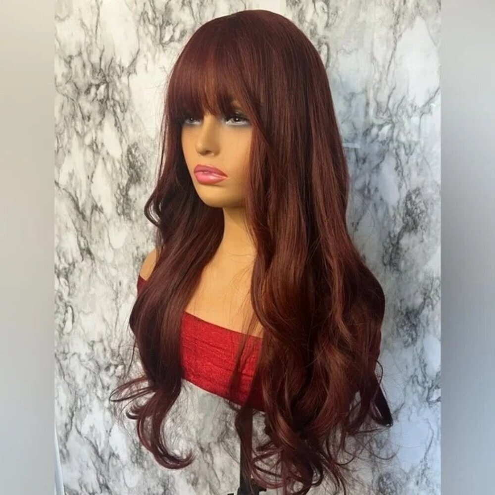 Burgundy Red Long Wavy Wig with Bangs Natural Realistic Hair look - Picture 6 of 14